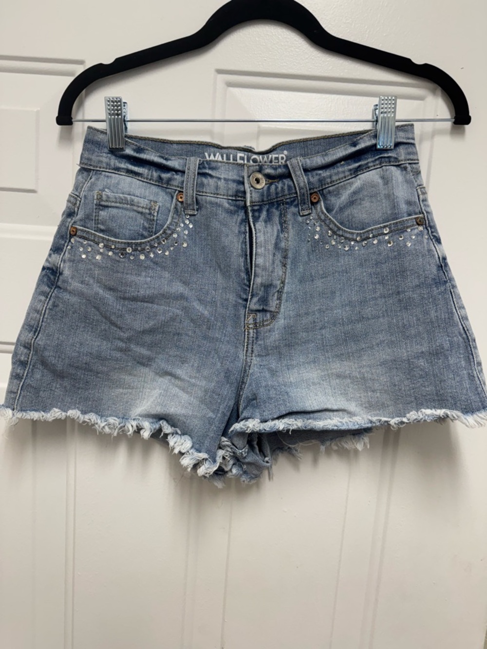 Wallflower Light Wash Denim Shorts with Rhinestone Accent